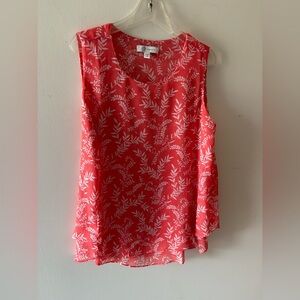Christina B Bright Coral Leaf Print Sleeveless Swing Top. Size Large
